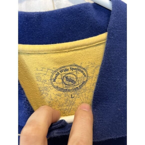 World Wide Sportsman Short Sleeve Polo‎ Shirt Men’s L Blue Yellow White Stripe - Picture 2 of 4